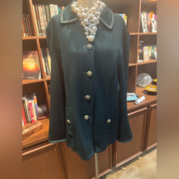 St. John Collection Jackets & Blazers - St. John Collection Green Blazer with Logo Buttons Leather Trim